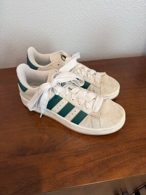 adidas Cream Suede Sneakers with Green Stripes, size 9